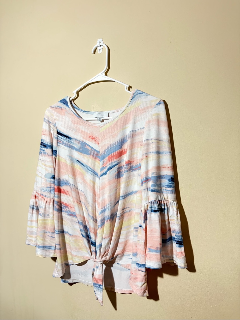 New Directions Size Medium Pastel Brushstroke Tie Bell Sleeve Top